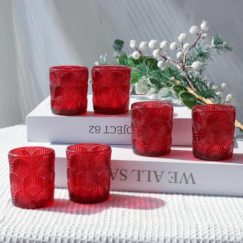 Woho Red Votive Candle Holders Set of 12 for Boho Wedding Table, Ginkgo Leaves Design Tealight Candle Holder Vintage for Christmas Decorations, Glass Tea Lights Candle Holder for Valentines Day Decor - color: Red