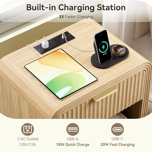 Decofy Fluted Nightstand with Charging Station, Modern Bedroom Side Table with Gold Handles, Curved Profile Design, End Table Wood Organizer for Bedroom, Open Shelf & 1 Drawers (1 Pack, Natural Oak) - color: Natural Oak, size: 1 Drawer( 15.5"D x 17.7"W x