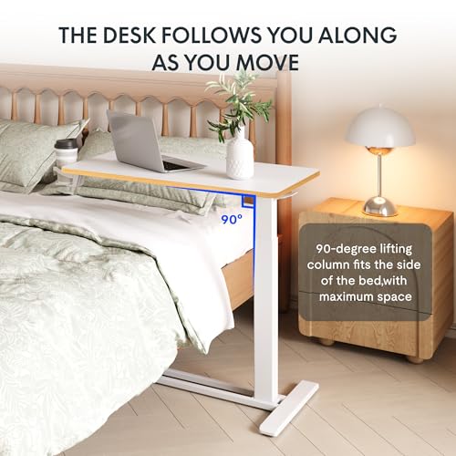 FLEXISPOT H7 Adjustable Overbed Bedside Table with Wheels Pneumatic Mobile Standing Laptop Desk Rolling Computer Cart Movable Overbed Table Hospital Home Use (31.5" W x 17.7" D, White Maple Large) - color: White Maple, size: Large