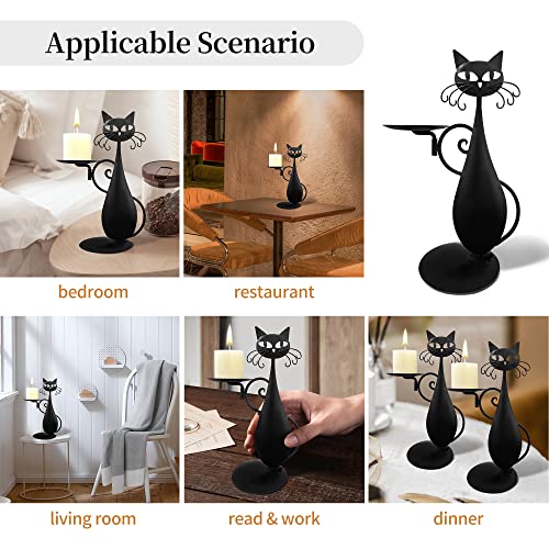 Black Cat Candle Holder for Pillar Candles Led Flameless Candles, Retro Rustic Farmhouse Home Metal Cat Decor Candlestick for Centerpiece, Dining Table, Housewarming Gifts