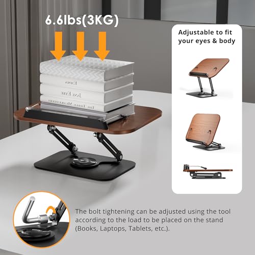 SupeDesk Book Stand for Reading, Adjustable Book Holder with 360° Rotating Bases, Foldable Designs, and Elastic Clips, Multifunctional Display Stand for Recipe, Cookbooks, Magazines, Tablets, Laptops - color: Dark Wood