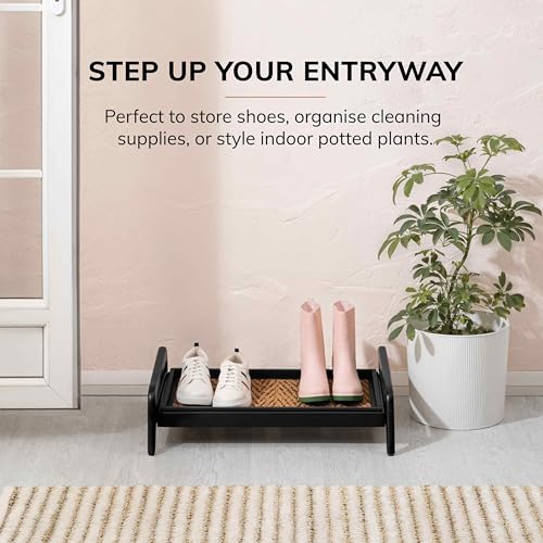 Anji Mountain Heavy Duty Waterproof Wooden Shoe Storage Mat Organizer/Boot Storage Tray Multi Use for Entryway with Coir, Tan and Black Insert, 1 Tier, Fits 2 Pair (26.5" Wide) - color: Tan and Black, size: 1 Tier, Fits 2 Pair, style: Tan and Black