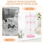 iDavosic.ly 2 Tier Rotating Necklace Holder Organizer with 42 Hooks, Adjustable Metal Bracelet Display Stand Rack, Extra Tall Keychain Spinning Tree Tower for Women, Pink - color: Candy Pink
