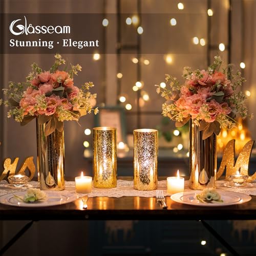 Glasseam Mercury Gold Candle Holders, Set of 6 Glass Hurricane Candle Holder, Glitter Pillar Candle Holder for Table, Modern Cylinder Vases for Centerpieces Wedding Dining Christmas Decorations