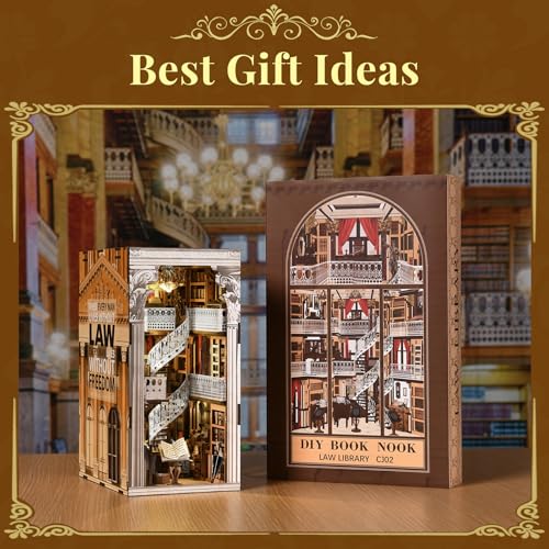 CCCDF DIY Book Nook Kit for Adults and Teens, Miniature Dollhouse Booknook Kit, 3D Wooden Puzzle Booknook Bookshelf Bookcase Model Build Kit Decor Alley with LED Light (Law Library) - style: Law Library