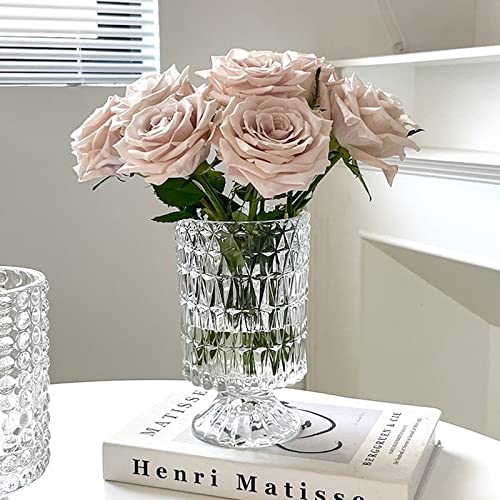 BLOFLO Embossed Glass Vase, 7'' Crystal Glass Vases, Pedestal Big Base Glass Bouquet Vase, Hydroponic Glass Transparent Vase for Home Office Wedding Dining Table Party (Long Rhombus Pattern) - color: Long Rhombus Pattern