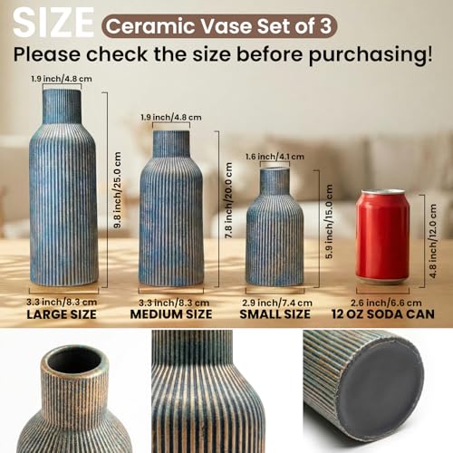 Ceramic Ribbed Vase Set of 3, Modern Farmhouse Decorative Vases in Vintage Blue, Assorted Sizes (5.9"/7.8"/9.8") for Pampas Grass, Living Room, Shelf and Table Centerpiece - color: Vintageblue