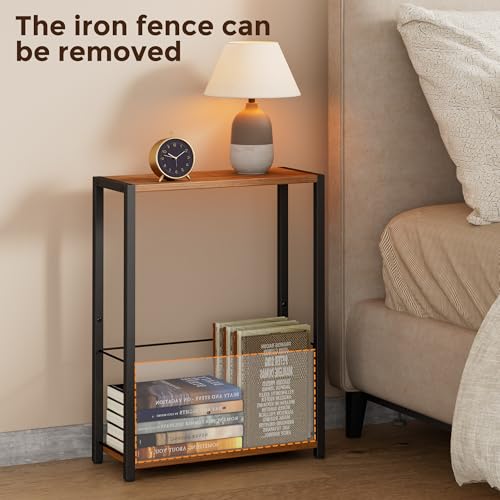 Homleke Narrow Side Table with Magazine Holder, Skinny End Table Perfect for Small Spaces, Space-Saving Design for Living Room, Bedroom, or Office, 7.1" D x 16.9" W x 23.6" H, Rustic Walnut - color: Rustic Walnut - Standard