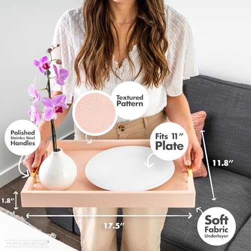 Home Redefined Modern Elegant 17.5"x12" Rectangle Baby Pink Tray Glossy Shagreen Faux Leather Decorative Ottoman Coffee Table Perfume Dresser Kitchen Serving Tray with Gold Polished Metal Handles. - color: Baby Pink & Gold