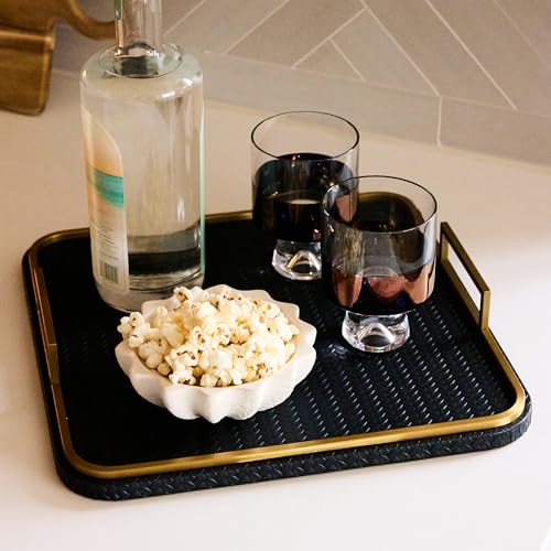 Preston Lane Mayfair Decorative Tray – Vegan Leather with Woven Texture, Brushed Brass Handles – Serving, Dresser & Coffee Table Tray, Ink - color: Ink