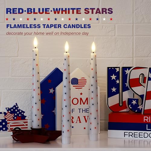 4th of July Candles, Flameless Taper Candles with Remote, 9.6" Red White and Blue Star Candles, Real Wax Flickering Independence Flameless Candles, Patriotic Candles, Battery Candles, Set of 3 - color: Patriotic White