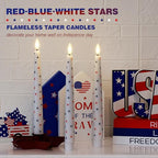 4th of July Candles, Flameless Taper Candles with Remote, 9.6" Red White and Blue Star Candles, Real Wax Flickering Independence Flameless Candles, Patriotic Candles, Battery Candles, Set of 3 - color: Patriotic White