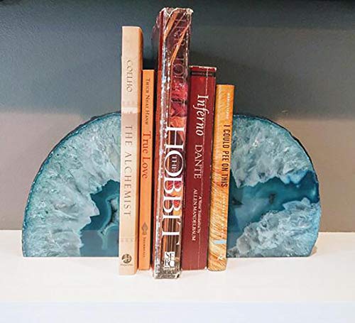 JIC Gem Book Ends Teal Agate Bookends for Shelves Decorative Geode Bookends to Hold Books Heavy Duty Home Decor with Rubber Bumpers(1 Pair, 4-6 LBS) - color: Green Dyed, size: 4-6LBS.