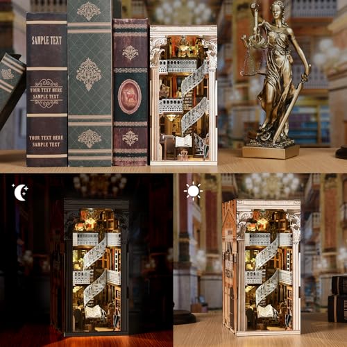 MiniCity DIY Book Nook Kit for Adults, 3D Wooden Puzzle Bookend Bookshelf Insert Decor with LED Light and Dust Cover (Law Library) - style: Law Library