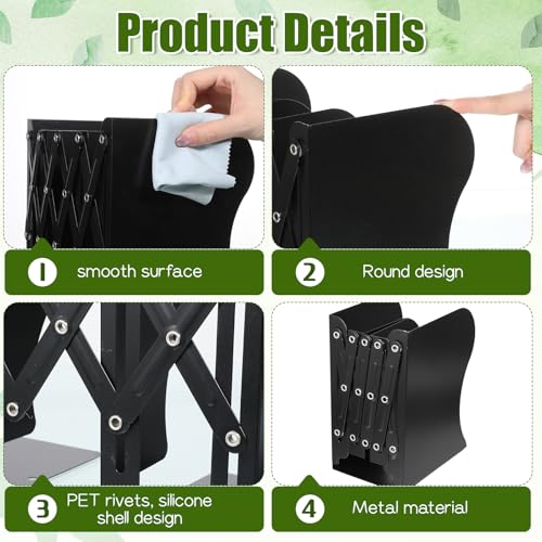 2 Pcs Adjustable Bookends, 2 Dividers, Metal Book Ends for Heavy Books Anti-Slip Book Organizer for Desk Shelves Office, Extends up to 19 inch (Black)