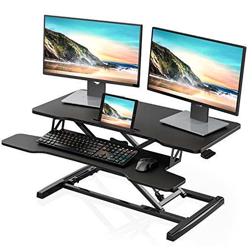 FITUEYES Height Adjustable Standing Desk 36” Wide Sit to Stand Converter Stand Up Desk Tabletop Workstation for Laptops Dual Monitor Riser Black SD309101WB - color: Black