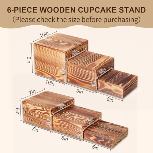 Garvee 6 Pack Wooden Risers Display Stands, 5/6/7/8/9/10 in Square Wood Cake Cupcake Stands, Buffet Food Risers, Decorative Wooden Crates for Party, Wedding, Christmas Decor, Brown
