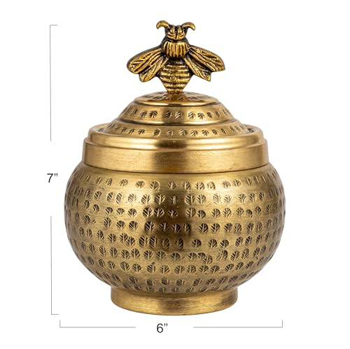 Creative Co-Op Round Hammered Metal Container with Bee Finial, Brass Finish - style: Bee