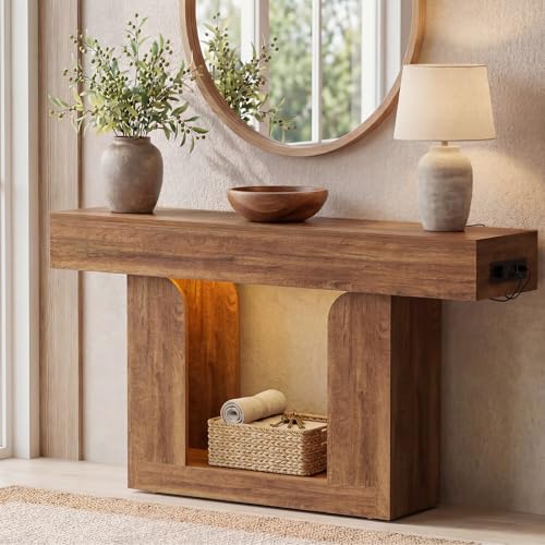 Homieasy Console Table, 47" Entryway Table with LED Lights & Charging Station, Farmhouse Wooden Sofa Table Behind Couch, Narrow Hallway Table for Living Room, Foyer, Entry, Rustic Oak - color: Rustic Oak, size: 47.2"