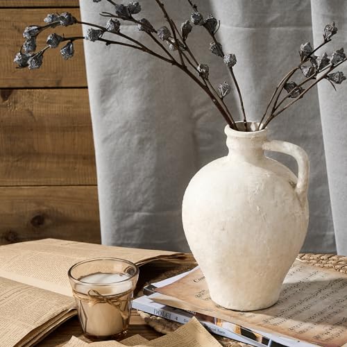 LUKA Ceramic Rustic Farmhouse Vase,8.25 inch Terracotta Vase with Handle,Neutral Clay Pot Vases Decorative Vase for Living Room,Table,Shelf Decor(Off-White,M) - color: Off-white, size: 8.25 inch (H)