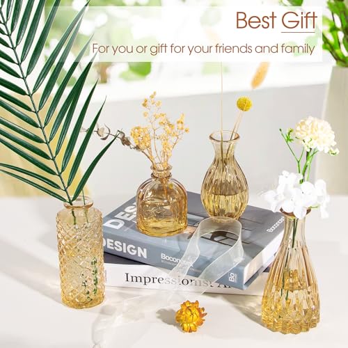 TBWIND Gold Amber Glass Bud Vases Set of 12, Small Vases for Flowers, Champagne Mini Vintage Vases for Centerpieces,Bud Vase in Bulk for Wedding Decor,Single Flowers,Office and Home Table Flower Décor - color: 12pcs-gold Amber