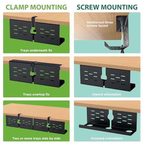 KEEGH 16" Under Desk Cable Management Tray, 2 Pack Desk Cord Organizer Upgrade Capacity, No Drill Clamp/Screws Mount, Cord Management Tray for Home Office, Gaming Desk, Standing Desk, Black - color: Black, size: 2 Pack