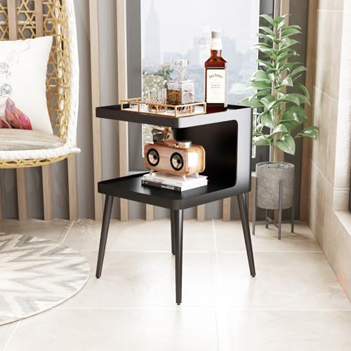 Black Modern Side Table, 2 Tier Small End Tables Bedroom, Metal Side Tables Living Room with 4 Legs, Black Nightstand Square Accent Table for Indoor Outdoor, Easy Assembly - color: Black, style: Rectangular