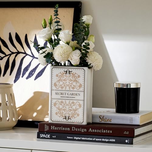 Ceramic Book-Shaped Vase for Flowers, Book Lovers Gifts Planter Pot, Aesthetic Room Decor Cute Unique Flowers Vases for Home, Bookshelf, Bookish, Bedroom & Office Decor for Women, Reader Gift (White)
