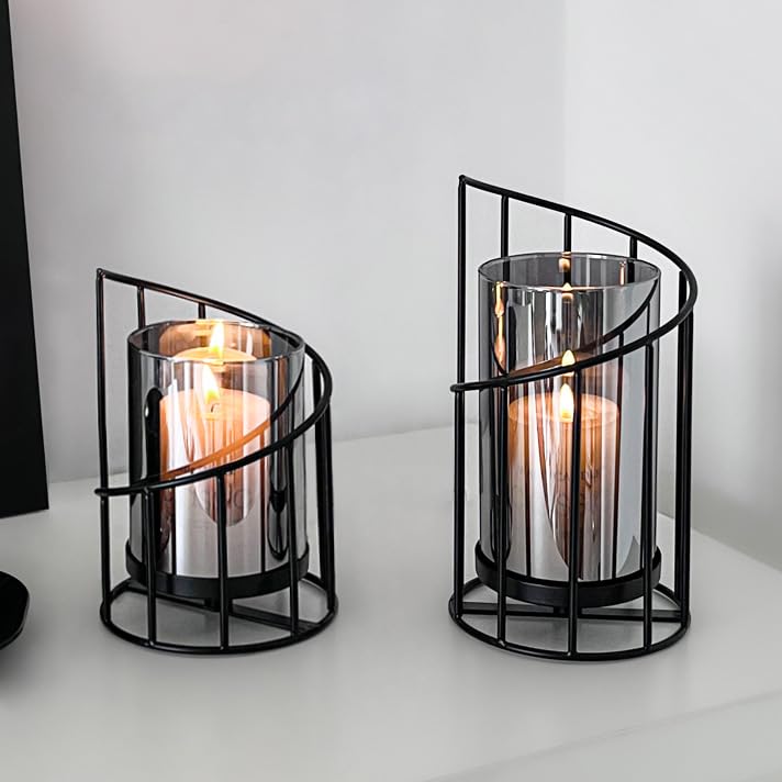Black Hurricane Candle Holder, Black Candle Holders for Pillar Candles with Clear Glass Sleeve - Elegant Centerpiece for Weddings, Dinners, Party Decor - color: Black-20cm