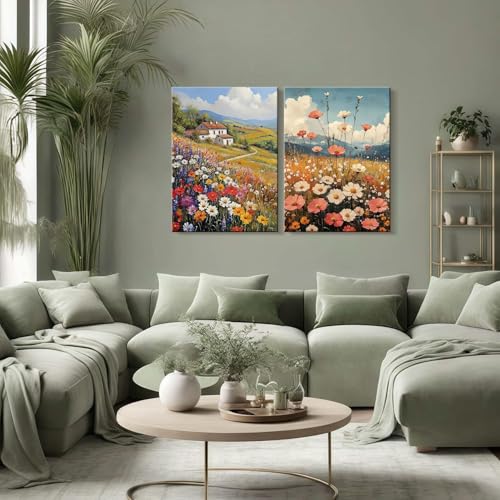 2pcs Framed Vintage Oil Painting Style Canvas Paintings Country Wildflowers Pastoral Scenery Farmhouse Wall Decor Floral for Bedroom Kitchen Office Cafe Landscape Artwork Ready to Hang 24x16 Inch - color: Vintage farmhouse oil painting wildflowers, size: