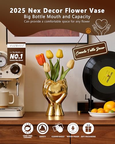 8" Heart Hand Gold Ceramic Vase - Unique Modern Aesthetic Flowers Vase for Living Room Bedroom Office Kitchen Table Centerpiece or Shelf Decor-Gifts for Wedding Bridal Shower Women Mom (Gold) - color: Gold