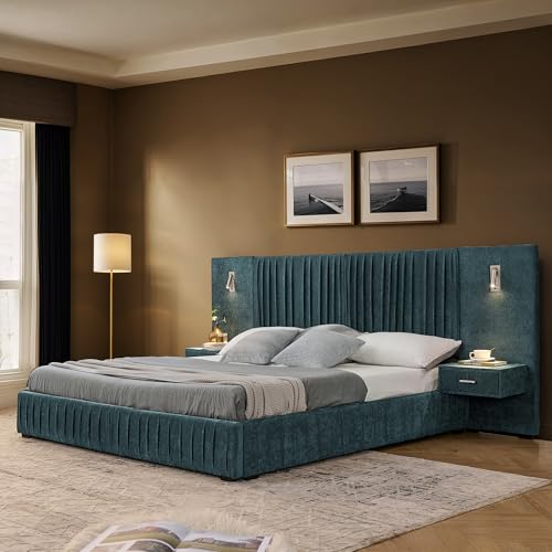 Luxury Queen Size Bed Frame with Oversized Upholstered Headboard, Modern Chenille Upholstered Platform Bed Frame with Gold LED Lights, Nightstands, No Box Spring Needed, Blue - color: Blue, size: Queen