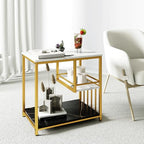 Giantex Side Table with Storage, 3-Tier End Table with Golden Polished Steel Frame Sofa Couch Table for Living Room, Modern Nightstand for Bedroom, Easy Assembly, Marble & Golden