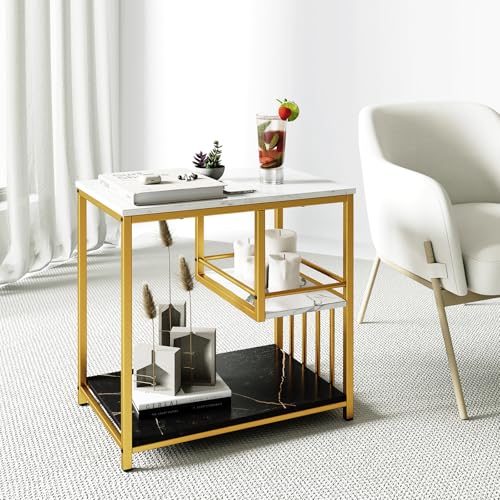 Giantex Side Table with Storage, 3-Tier End Table with Golden Polished Steel Frame Sofa Couch Table for Living Room, Modern Nightstand for Bedroom, Easy Assembly, Marble & Golden