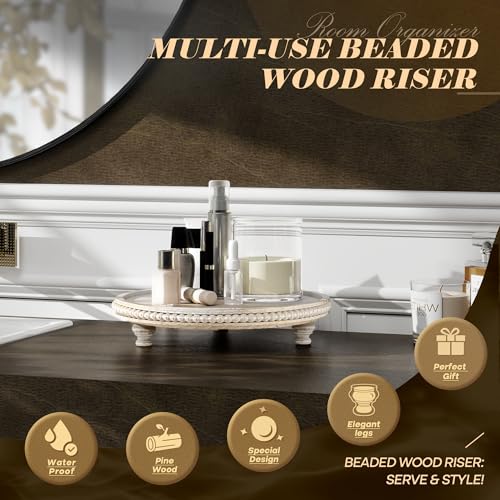 EOSAHR Rustic Round Pine Wooden Display Riser – Farmhouse Beaded Wooden Trays For Decor, Plant Stand & Coffee Table – Display Risers for Room Decor & Kitchen Organizer (Light-Natural) - color: Light-Natural