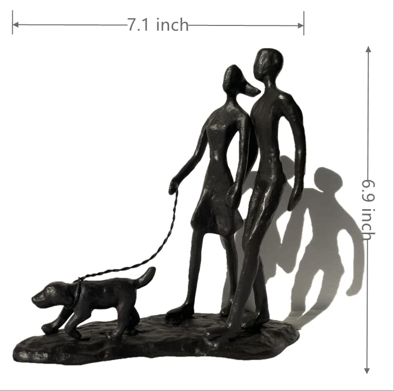 Couple and Dog Cast Iron Sculpture, Romantic Couple Love Metal Art Decor, Family Love Statue, Dog Lover Gifts for Couple - style: Couple Walking Dog