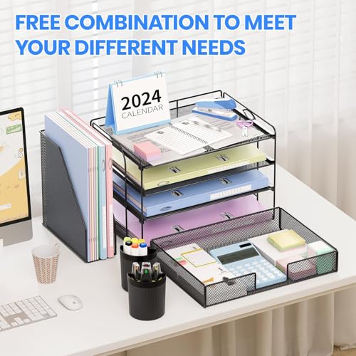 OPNICE Desk Organizer, 4-Tier Desktop File Organizer with Drawer and 2 Pen Holders, Office Desk Accessories, File Sorters, Workspace Organizers for Office Supplies(Black-2pack) - color: Black, size: 4-Tier 2 Pack