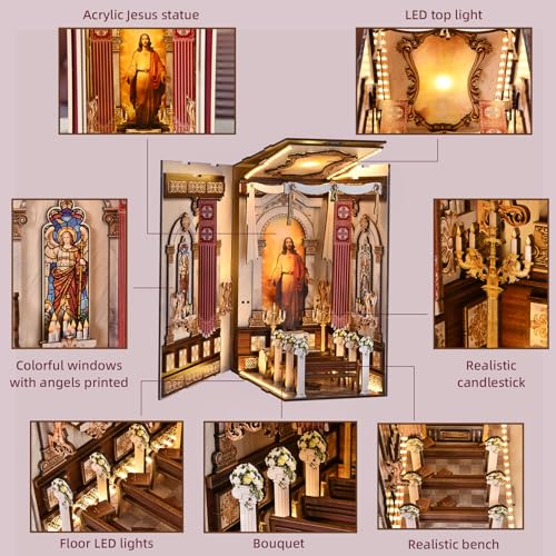 Book Nook Kit, Simple Booknook Bookend, Miniature Dollhouse House Kit for Beginner, DIY 3D Puzzle Model with LED Light and Dust Cover - Jesus Christ Church Cathedral - style: Cathedral