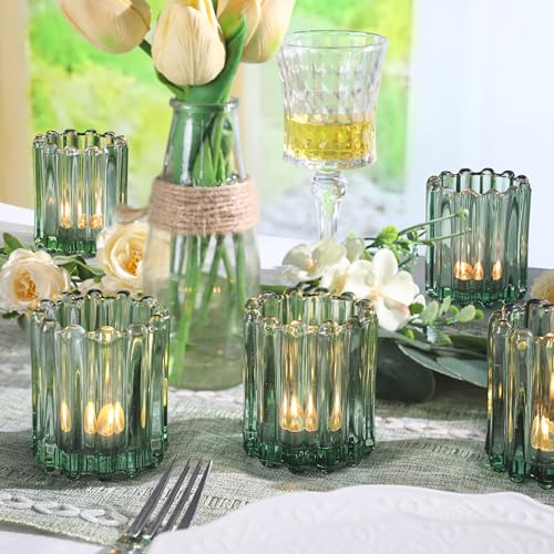 HAVITI Glass Green Votive Candle Holder, Ribbed Votive Candle Holders Set of 12, Tealight Candle Holder for Wedding Centerpieces Dinner Party Table Decor - color: Green