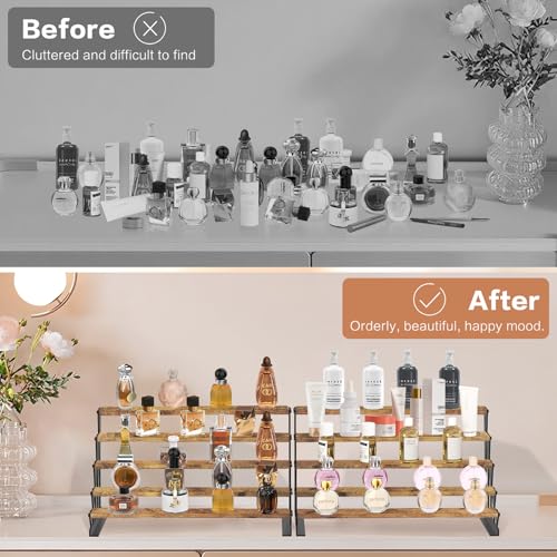 KALYLOC 5 Tier Wooden Display Riser Stand 13.8 Inch Metal Step Perfume Stand Organizer Tabletop Tiered Display Shelf Rack for Cologne Cupcake Spice Figures Cosmetics Candles (Brown, Y-Shape) - color: Brown, size: 5 tier-Y shape