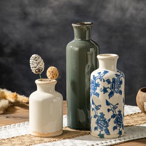 Rustic Ceramic Vase Set of 3, Farmhouse Decorative Flower Vases for Home Decor, Living Room Kitchen Bathroom Table Centerpieces, Shelf, Mantel and Entrance Decorations - color: Blue-2