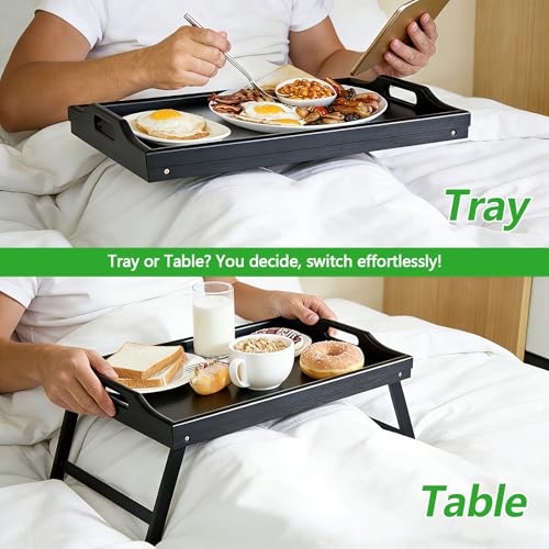 2 Pack Bed Tray Table Breakfast Trays Serving Tray Bamboo Bed Laptap with Floding Legs Handles and Phone Holders - style: 2 pack(Black)
