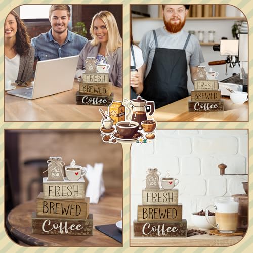Yuntau 5 Pcs Wooden Coffee Bar Decor Cocoa Tiered Tray Decor Rustic Wood Bar Sign Gift Farmhouse Table Top Centerpiece Stacks Block Sign for Home Shelf Mantel Kitchen - style: Coffee Bar