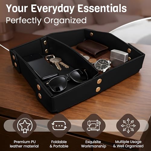 Valet Tray Organizer for Men & Women - PU Leather Catch All Tray with Removable Divider - EDC Storage for Keys, Watch, Phone - Nightstand, Dresser & Desk Organizer - Obsidian Black - color: Obsidian Black