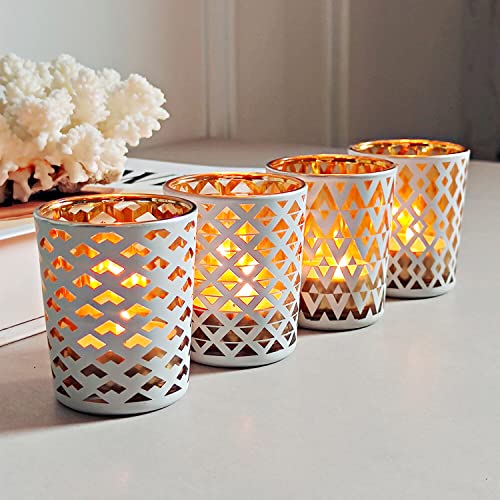 SHMILMH White and Gold Votive Candle Holders Set of 12, 4 Patterns Frosted Glass Tea Lights Candle Holders for Birthday Party Wedding Table Centerpiece Halloween - color: W&g 4 Patterns