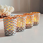 SHMILMH White and Gold Votive Candle Holders Set of 12, 4 Patterns Frosted Glass Tea Lights Candle Holders for Birthday Party Wedding Table Centerpiece Halloween - color: W&g 4 Patterns