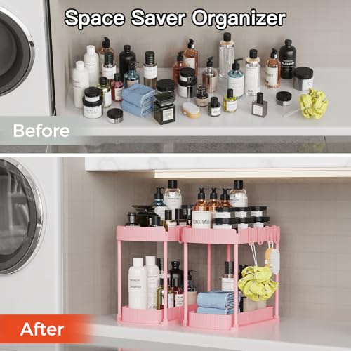 Ukeetap 2 Pack Multi-Purpose Pull-Out Storage Organizers, Under Sink Organizers and Storage for Bathroom & Kitchen, Under Cabinet Organizers and storage, 14.8 Inch, Pink - color: Pink, size: 14.8 Inch