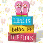 Yuntau 4 Pcs Summer Decorations for Office Hawaii Table Decorations Wooden Sign Flip Flops Table Centerpiece Summer Tiered Tray Decor Decorative Faux Book Stack Block for Coffee Mantel Floating Shelf - style: Pink Flip Flops