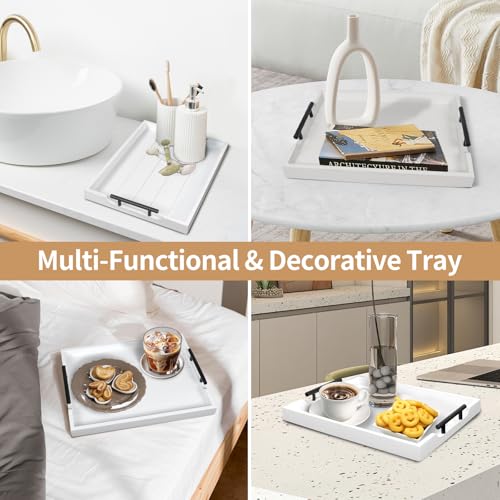 SXNOWS Coffee Table Tray - Large Ottoman Tray for Living Room - Wood Serving Tray with 2 Sets of Handles - Wooden Tray for Coffee Table, 4 Round Coasters Included, White - color: White
