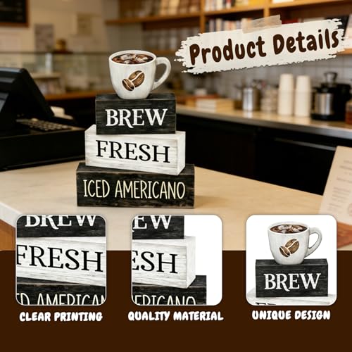 4 Pcs Coffee Bar Decor Wooden Blocks Rustic Farmhouse Sign For Coffee Table Decorations And Shelf Accessories Gift - style: Coffee